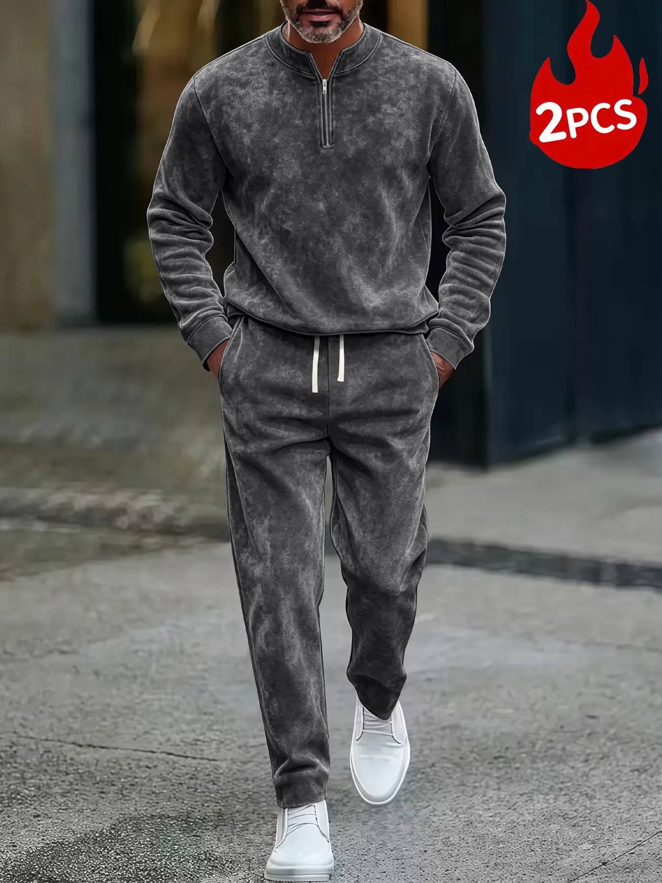 Male 2-Pieces Acid Wash Stand Collar Tracksuit, American Streetwear Stretch Fabric Vintage Washed Set, Medium Length, Machine Washable for Sports & Biz, Premium Gift Choice
