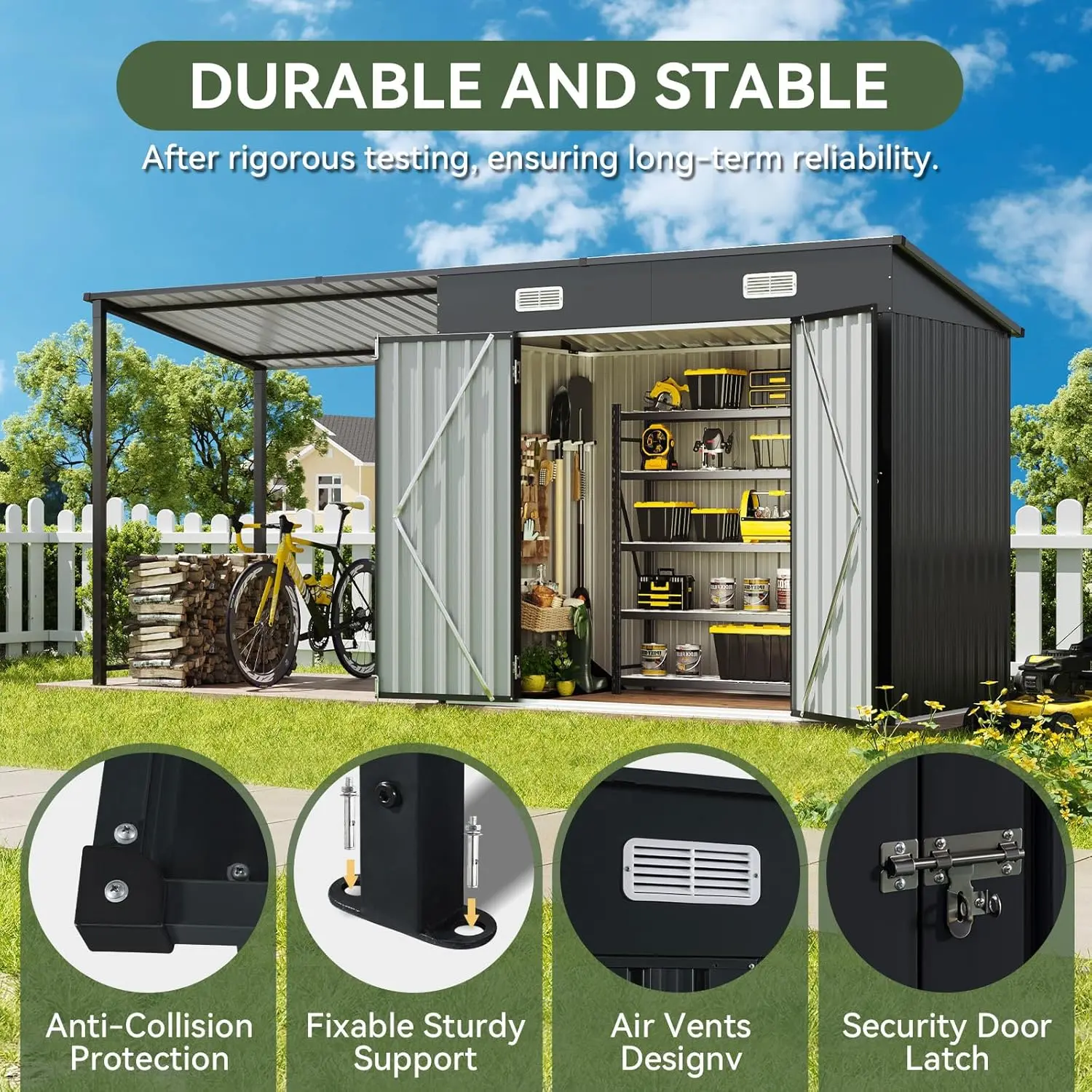 Aoxun 2-in-1 Metal Frame Outdoor Storage Shed & Hardtop Gazebo Combo - 6x4ft Lockable Door Shed, 12x4ft Open-Sided Pergola, 2 Boxes Durable Patio Shelter for Backyard, Deck, Generator, Camping Essentials, Outdoor Furniture Set