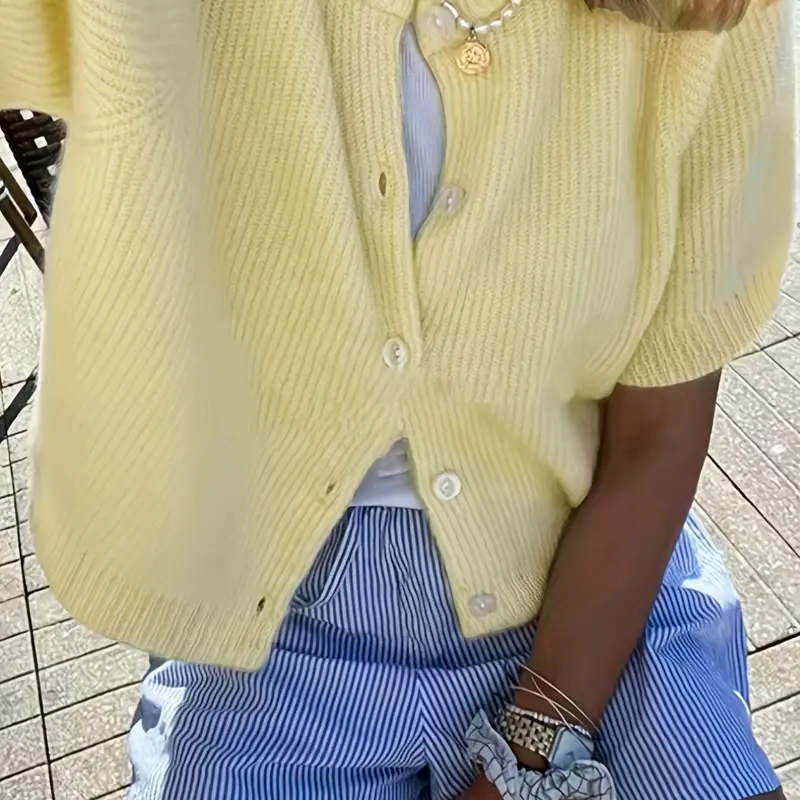 Women's Casual Short Sleeve Knit Top, Round Neck Plain Color Straight Button Design, Versatile Spring Summer Fall Outerwear Knitwear