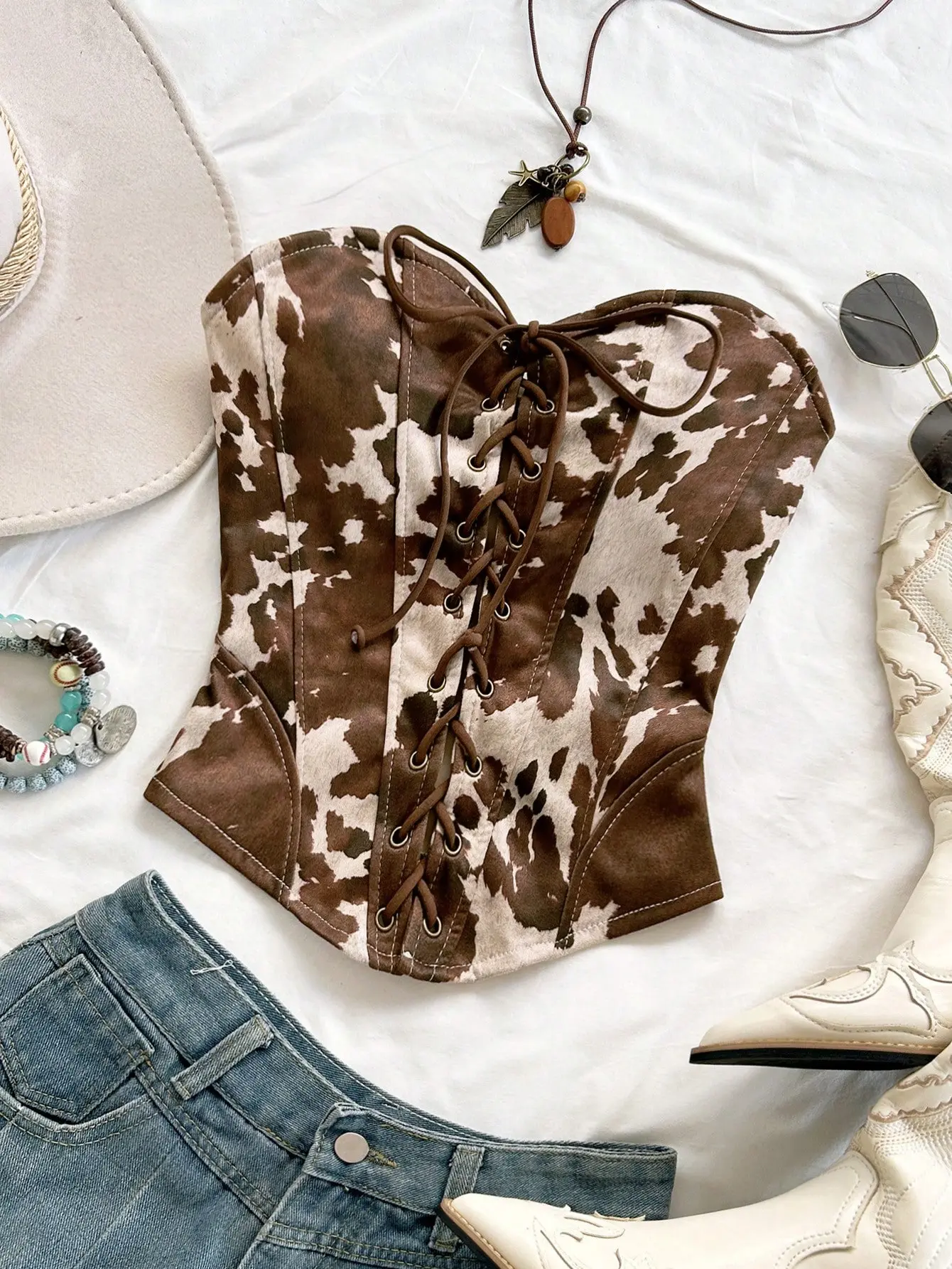 VYNCE Animal Print Leather Corset Crop Top White Tie Up Rivet Strapless Bandeau Top Boho Festival Wear