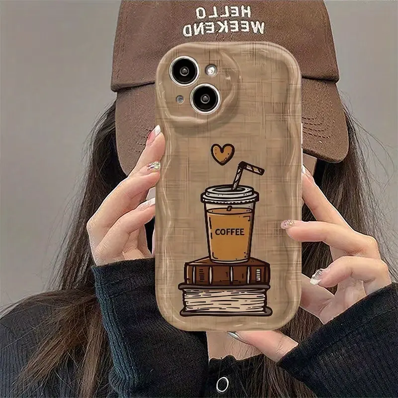 Vintage coffee cup book art design pure white curly wave border phone case, suitable for iPhone17/16/15/14/13/12/11/X/XS/XSMAX, cute style, a great Christmas gift for friends, family and yourself., Cover, Accessories, Smartphone