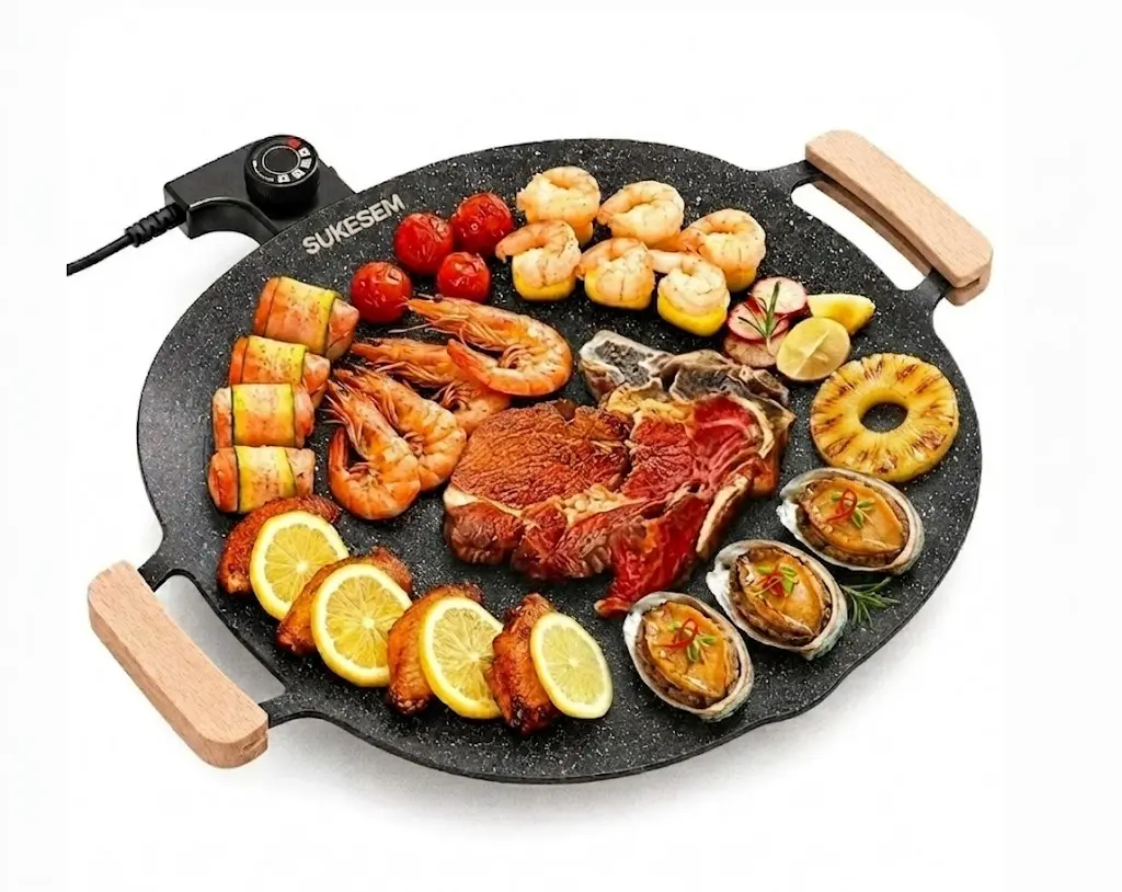 15in Smokeless Electric Grill Pan - Nonstick Round Griddle with Adjustable Temperature Control, Cord, Space-Saving Compact Portable Multifunction Hot Plate for Indoor BBQ, Steak, 15Inch