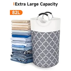 82L Large Laundry Basket clothes Hamper Bag Collapsible Tall with soft Handles, Travel, Bathroom, College Essentials Storage for College Dorm, Familys