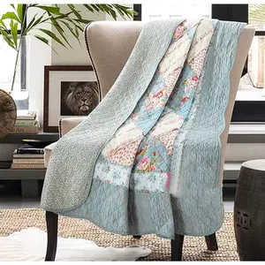 Cotton Patchwork Quilt Blue Floral Bedspread Coverlet Reversible  Shabby Chic Quilted Throw Blanket Bed Quilt Cover for Couch Sofa