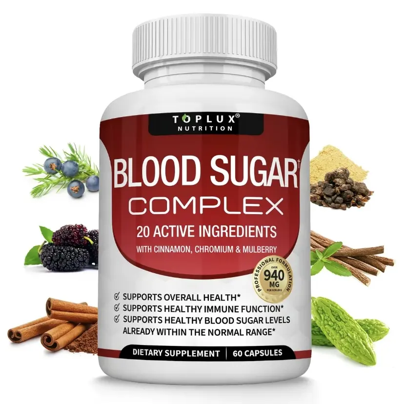 Blood Sugar Complex Supplement - Natural 20 Herbs and Vitamins with Cinnamon Non-GMO Vegan, for Men Women, 60 Capsules