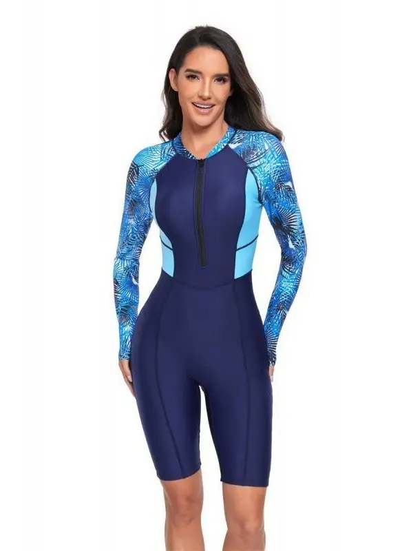 Women's Sun Protective Long-Sleeved Printed Knee-Length Rash Guard 1-Piece Swimsuit - High Stretch, Front Zipper, Water Sports Gear, Tropical Print