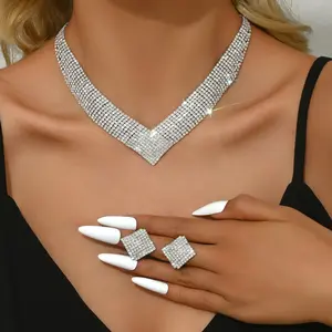 Rhinestone Necklace Jewelry Set Silver Necklace Earrings Set Crystal Wedding Set for Women