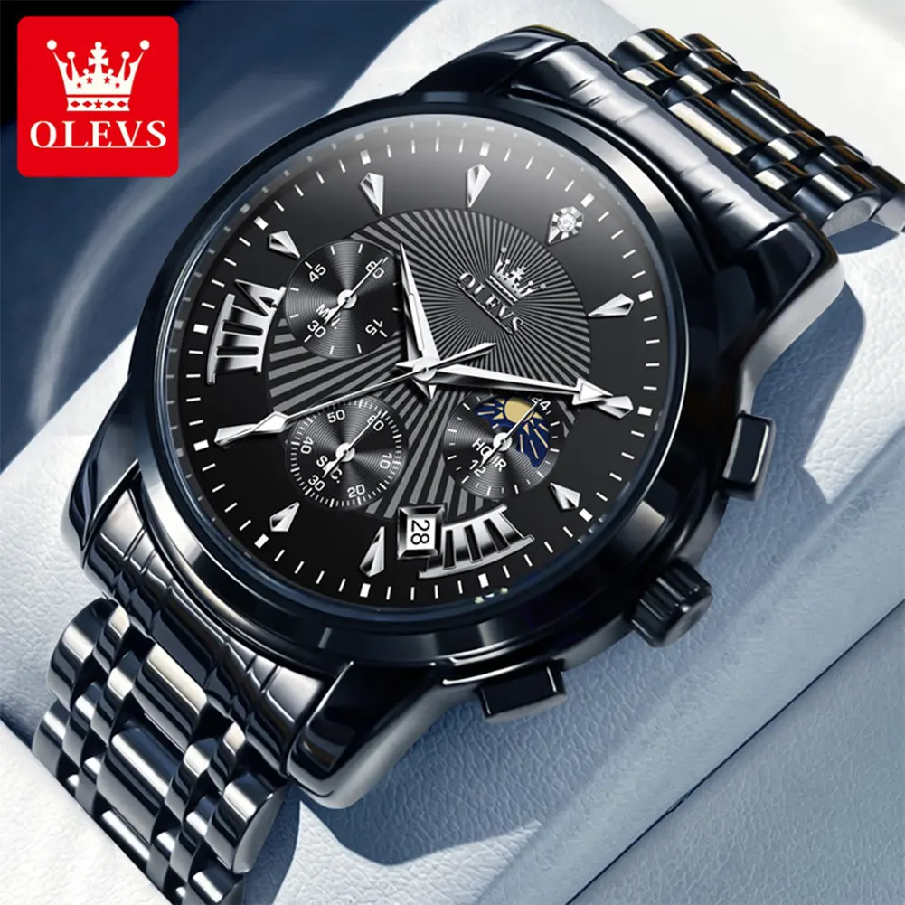 OLEVS Original Brand Men's Quartz Chronograph Watch, Waterproof Luminous Big Dial Fashion Business Wristwatch, Black Dial Stainless Steel Strap, Box-Packed for Everyday Wear Multifunctional 2892, Quartz Watch, Box-Packed Wrist Watches