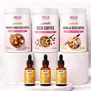 Bella All Natural Probiotics Iced Coffee Trio + D3 K2 Drops 3-Pack (Choose Day or Night)