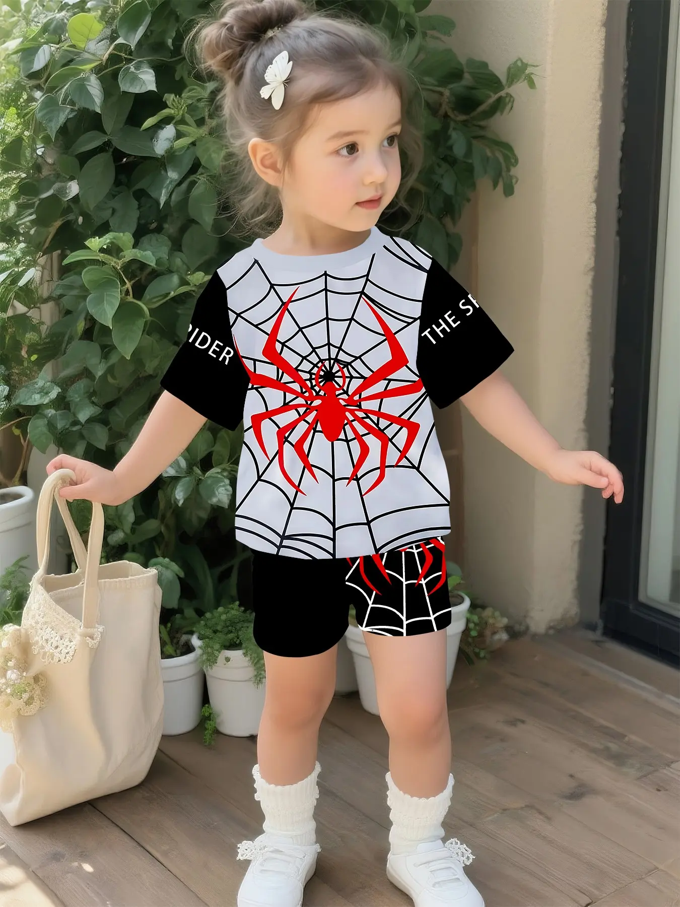 Black, white and red spider web set with digital printing, Summer outfits set, 100% polyester baby short-sleeve set, baby girl's casual clothing, Baby clothes girl, suitable for daily and outdoor T-shirts, perfect gift for babies