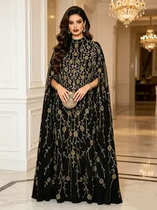 Elegant Muslim Women's Abaya Dress, Islamic Abaya Dress, Embroidery Abaya, Floral Embellished Abaya, Embroidered Chiffon Batwing Sleeve, Loose Fit Evening Gown, Luxury Kaftan, Spring Summer Fashion