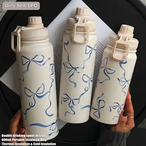 Blue Bowknot Dual-Layer Stainless Steel Durable Insulated Cup, 600ML-1000ML, Portable Outdoor Sports Water Bottle, Office, Home, Gift Ideas