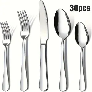 Stainless Steel Cutlery Set, Utensils, 30pcs/set Knife & Fork & Spoon, Mirror Polished Modern Tableware Set, Dinnerware Service Set for Home Kitchen Dining Room Party