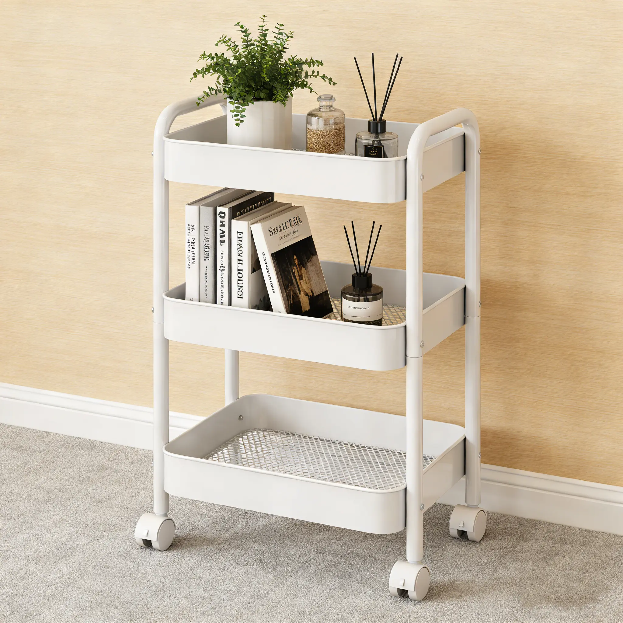 Pink 3-Tier Heavy-Duty Steel Top Mobile Rolling Cart with Stainless Steel Components, 30kg Load Capacity, Wheels, Bathroom Storage Rack for Office, Classroom, Multi-Purpose Utility Organizer Trolley