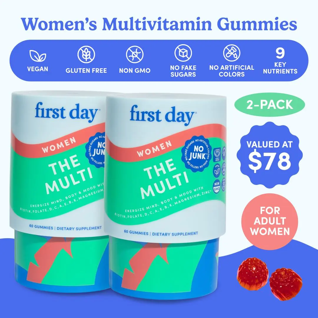 First Day Women's Multivitamin Gummies 18+ (2 Pack), Natural Orange Flavor — 21 Organic Superfoods, 13 Key Nutrients, Vitamin C D3 B12 Magnesium Biotin — Immunity, Energy, Skin & Hair Health, Fight Fatigue — 60-Day Supply, Vegan, Non-GMO, No Junk