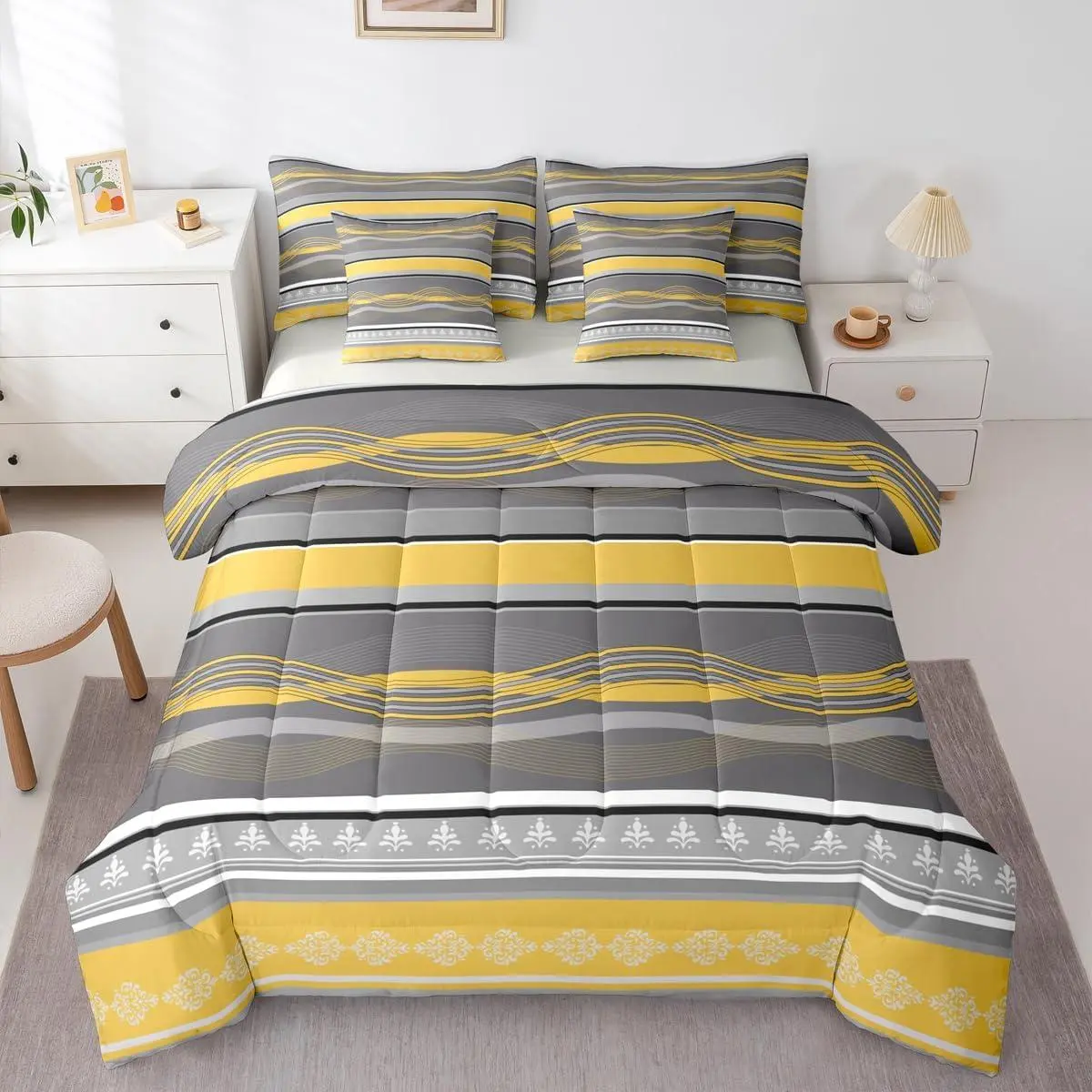 Grey Yellow Comforter Set 7 Piece Bed in A Bag,Patchwork Striped Bedding Sets and Adults Boho Comforter and Sheets Geometric Bohemian Bed Set