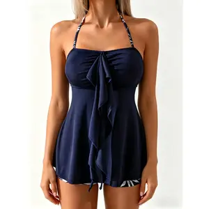 Navy Ruffle Halter Tankini Tummy Control Swimsuit - Flattering Two-Piece for Curvy Women women's thong bikini