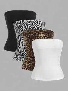 Women's Plain & Leopard & Zebra Stripe Print Tube Top, Casual Fashion Strapless Top for Daily Wear, Ladies Clothes for All Seasons, Cropped Tube Top