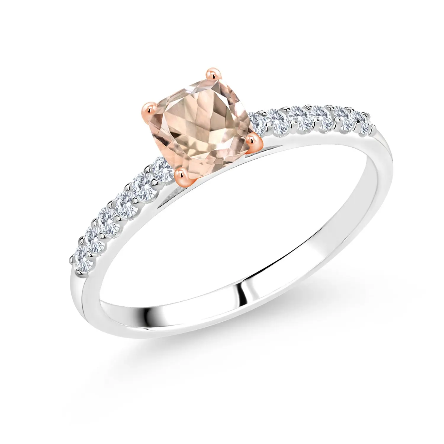 0.70 Cttw Peach Morganite and Lab Grown Diamond Engagement Ring for Women | 925 Sterling Silver and 10K Rose Gold | Gemstone Birthstone | 5MM Cushion | Available In Size 5, 6, 7, 8, 9