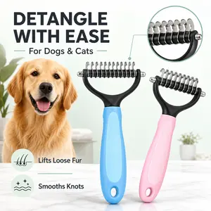 2-Piece Pet Grooming Deshedding & Slicker Brush Set - Stainless Steel Dual-Sided Detangling Comb with Hanging Hole Design, Lifts Loose Fur, Tames Matted Hair for Dogs, All-Season Daily Maintenance Supplies (Blue, Pink)