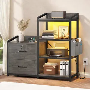 Sikaic 35.4” File Cabinet, Filing Cabinet fits Letter/A4 Size, 2 Drawer File Cabinets for Home Office with Power Strip, LED Lights, Lock, Open Shelf