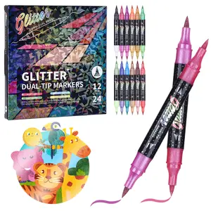 KEMYR Glitter Brush Markers Pens 24Colors Dual Tip Glitter Pens Set 12 Pack Metallic Sparkle Markers for Girls Gift Cards DIY Crafts Doodle Writing Adults Coloring Books Art Supplies Scrapbooking