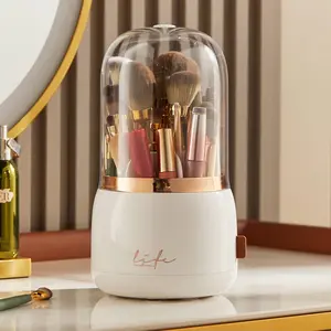 Makeup Brush Holder Organizer with Lid, Rotating Dustproof Make Up Brushes Organizer with Clear Acrylic Cover for Vanity Desktop Bathroom Countertop