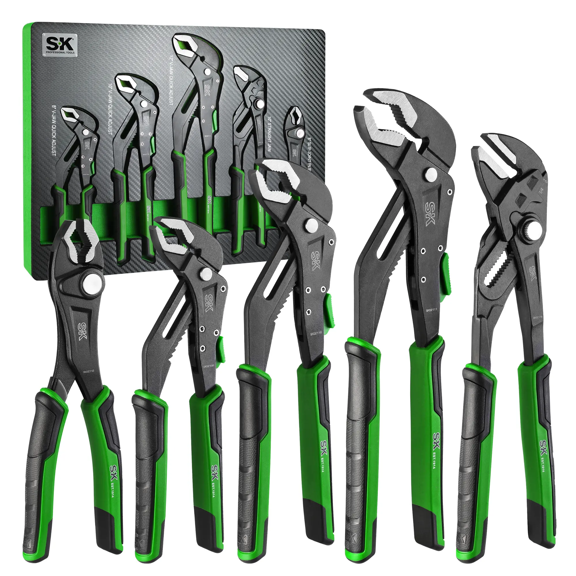 #fathersdaygift SK 5-Pack Pliers Set, 8" Adjustable Joint Plier, 8", 10" and 12" Quick Adjust V-Jaw Groove Joint Pliers, 10" Plier Wrench, Premium CR-V Construction, with EVA Foam Tool Organizer