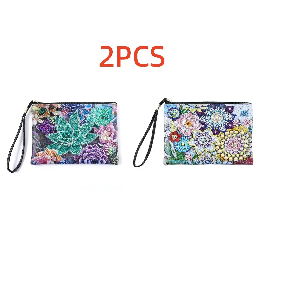 2-piece set of diamond painting kit clutch bag, flower pattern, PU leather material, with round crystal gemstone embellishment, mosaic craftsmanship, suitable for daily use, travel and gifts