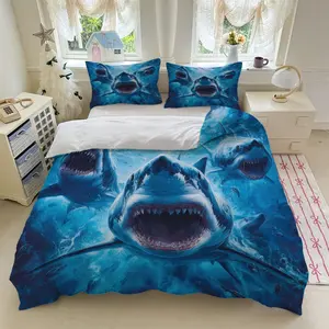 3pcs Sharks Open Mouth Blue Water Sea Fishes Waves Ripples Darkness Depth bedding set (1*Duvet Cover + 2*Pillowcase, Without Core)+Soft comfortable and breathable Suitable for bedroom guest room hotel dormitory rooms