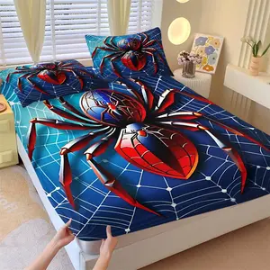 3Pcs Superhero Spider Themed Fitted Sheet Set, Colorful Cartoon Spider with Intricate Web Design, Glossy and Durable Fabric, Perfect for Kids’ Bedrooms and Unique Home Decor, Create a Vivid Dream Space, No Pillow Core