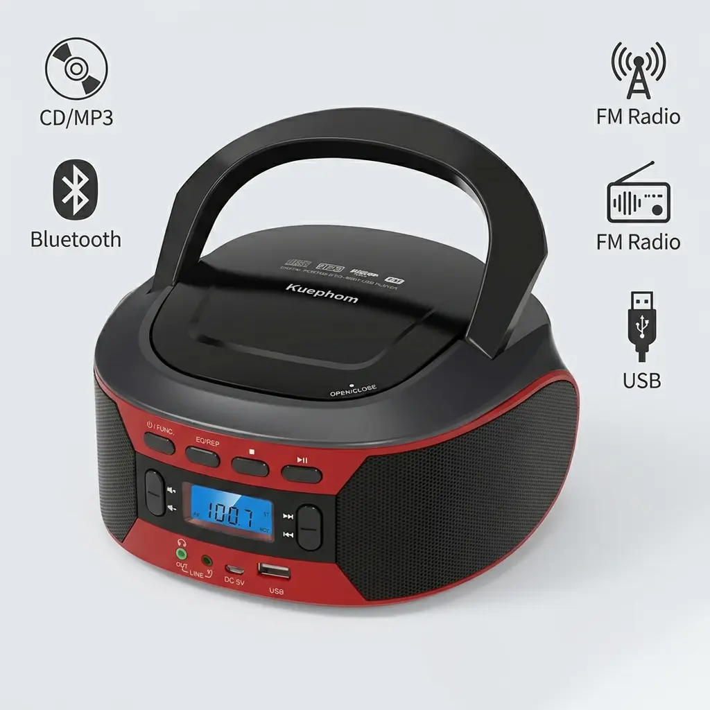 Portable CD Player Bluetooth Boombox with AM/FM Radio, USB, AUX-in, Headphone Jack, CD-R/RW & MP3-CD Compatible, Stereo Sound with Bass Boost, AC/Battery Operated