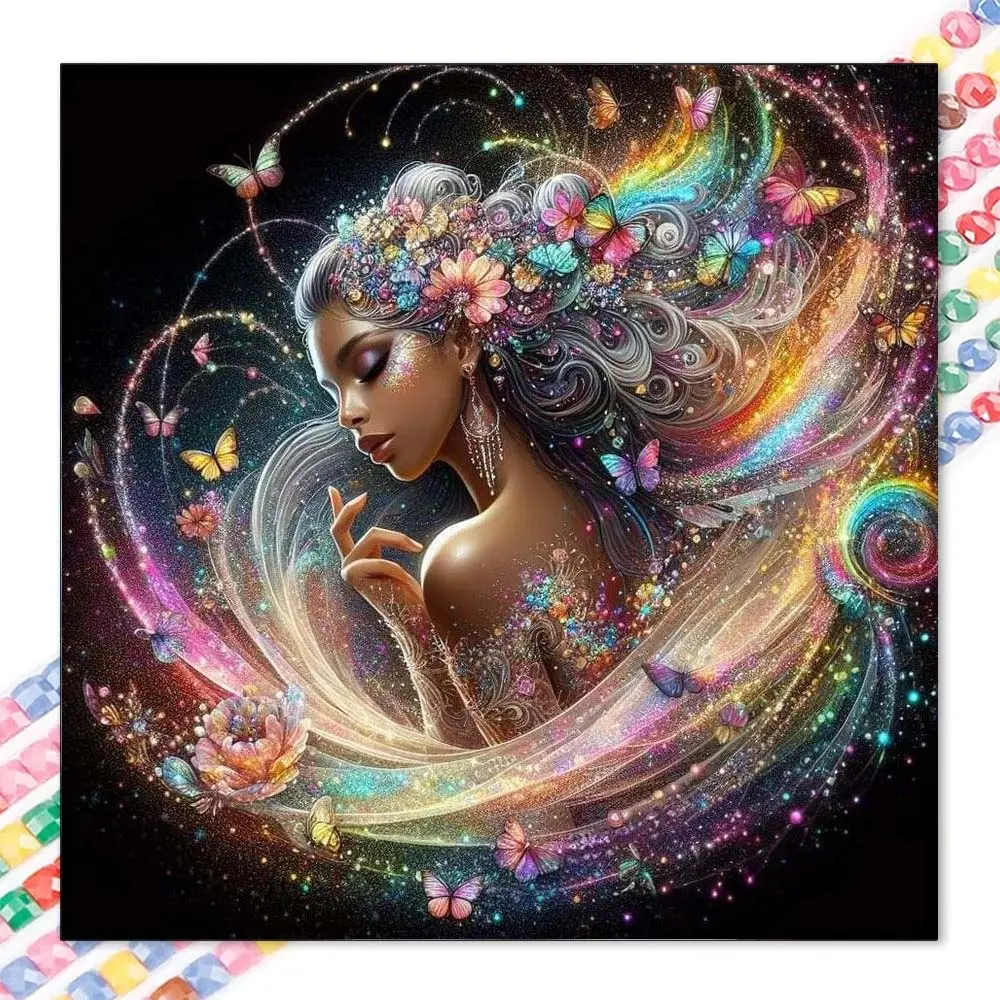 1 set of DIY diamond painting kit, 5D diamond art set, DIY decoration with colorful butterflies, wreaths, and long hair. Mosaic, diamond art, DIY art home decoration, suitable for Christmas. Diamond Pattern Design