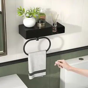 Wall Mounted Towel Rack with Shelf, No Drilling Required, Bathroom Towel Ring Holder, Modern Bath Decor, Paper Towel Dispenser, Bathroom Organizing Accessories