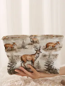 Deer Print Corduroy Makeup Bag, Cartoon Style, Cute Lightweight Multi-Functional Fashion Casual Cosmetic Pouch, Travel Organizer, Cosmetic Storage