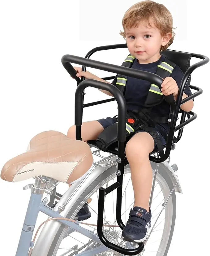 Upgraded Back-Mount Baby Bike Seat for Cycling, Adjustable Rear Child Passenger Seat with Foot Pedals, Backrest, Handrail, Steel Frame, Reflective Tape, Bicycle Attachment for 18 Months-8 Years Old, 8.4 lbs