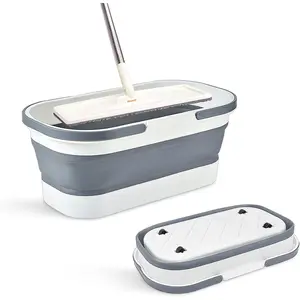 Collapsible Plastic Bucket with Wheels 12L (3.17 Gallon) for House Cleaning, Camping, and RV - Multi-Purpose Rectangular Handy Basket for Cleaning Mop - Lightweight and Portable (Grey)