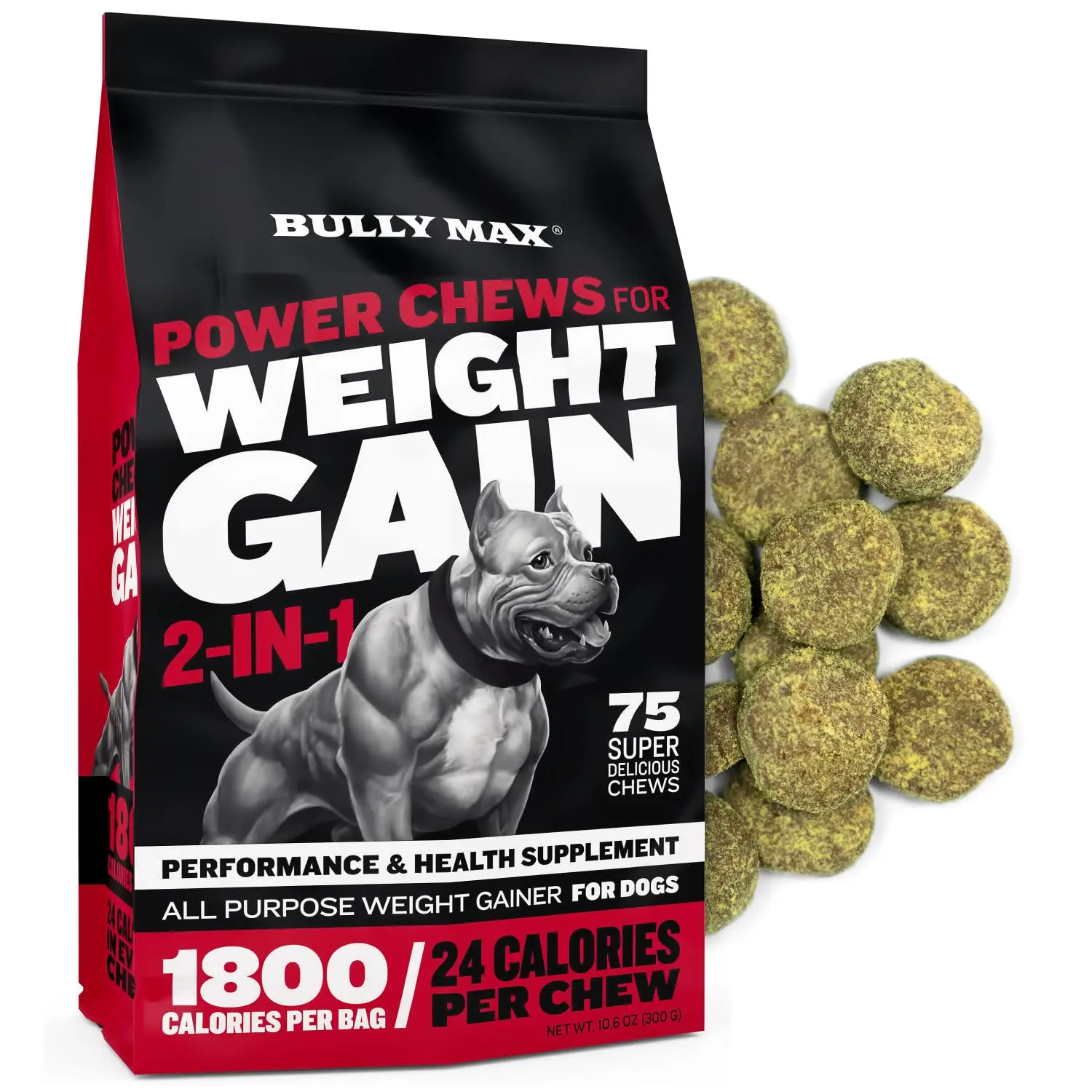 Bully Max 2-in-1 Power Chews for Weight Gain (75 chews) - Dog Weight Gainer for Puppies and Adults -  1,800 Calories, Dog Food Performance Supplement for Healthy Weight Gain & Immunity