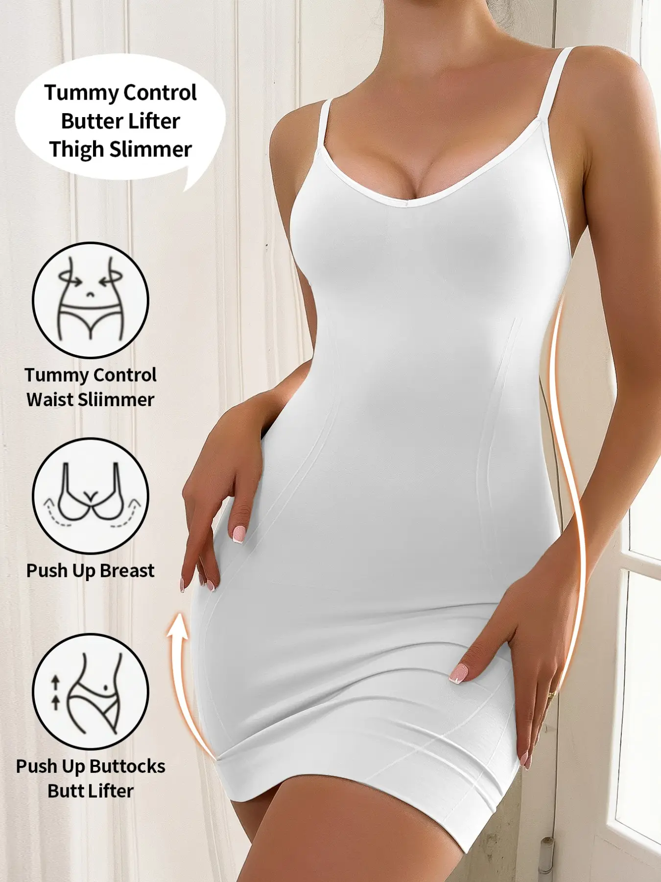 Women's Seamless High Elastic Fit Smooth Shapewear Dress V Neck Belly Control Waist Cinching Backless Tank Dress Adjustable Straps Anti-Wrinkle Full Lining