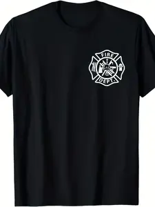 Men's & Women's Fire Department Logo Firefighter T-Shirt - 220gsm Heavyweight Pure Cotton Retro Fireman Badge Print Uniform Gear Shirt for Firefighters, Casual & Emergency Services Apparel