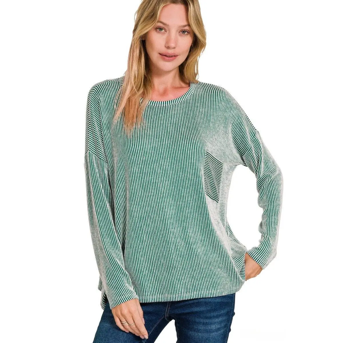 Women's Knit Round Neck Drop Shoulder Oversized Long-Sleeve Casual Top - Ribbed Striped Rayon Spandex Fabric, Soft Stretchy, Front Pocket, Longsleeves