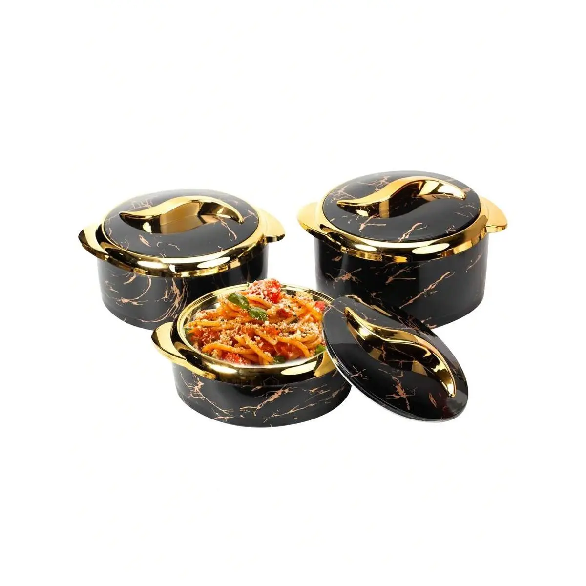 3-Piece/Set Black Touch Food Warmer Insulated Casserole Set with Lid Modern ABS Shell Insulated Home Kitchen Utensils Stainless Steel Container Suitable for Hot and Cold Food Cookware Cooking Pot Non-Stick Cookware Durable Cookware Storage Box