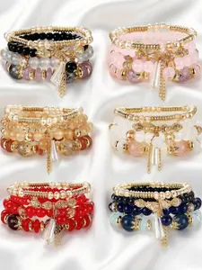 Vibrant 6 Pack Ethnic Bracelet Bundle for Women Men Bright Overlapping Bead Layout Vintage Folk Aesthetics Stretchable Cord Strings Stone Beads Dainty Ornament Charms Graceful Fringe Accents Strong Tribal Mood Slim Build Cozy Close-fit Wearing Experience