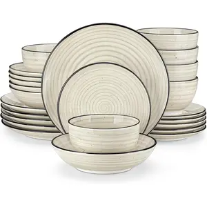 vancasso Bonbon Beige Dinner Set, 24 Pieces Dinner Sets for 6 People, Handpainted Swirls Plates and Bowls Set in Rustic Look, Include Dinner Plates, Dessert Plates, Pasta Bowls and Cereal Bowl Tableware Serving