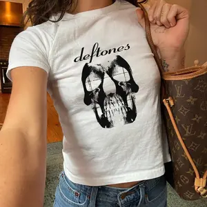 Deftones Skull Graphic Baby Tee, Vintage Alt Rock T-Shirt, Y2K Fitted Top for Women, Grunge Aesthetic Streetwear Shirt