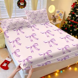 Dreamy purple watercolor bow pattern printed fitted sheet and pillowcase set, Bed Sheets, Bedsheet Sets, cozy bedding, suitable for beds, travel, home décor, and unique gifts
