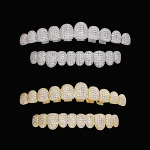 18 Karat Gold Plated Iced Out Hip Hop Grillz - 10-Tooth Full Multi Pack Luxury Oral Costume Body Jewelry for Rappers, Party Vibe Cosmetic Dental Retainer Brace (Gold Style 1)