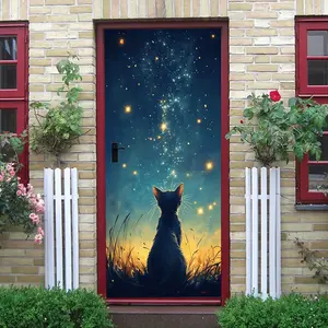 2pcs Cat Looking Up at Starry Sky Wall Sticker Dreamy Galaxy Kitten Decal Removable Self Adhesive Wallpaper Sticker for Kids Room Bedroom Living Room Home Decor Creative Wall Art Decoration Collage S
