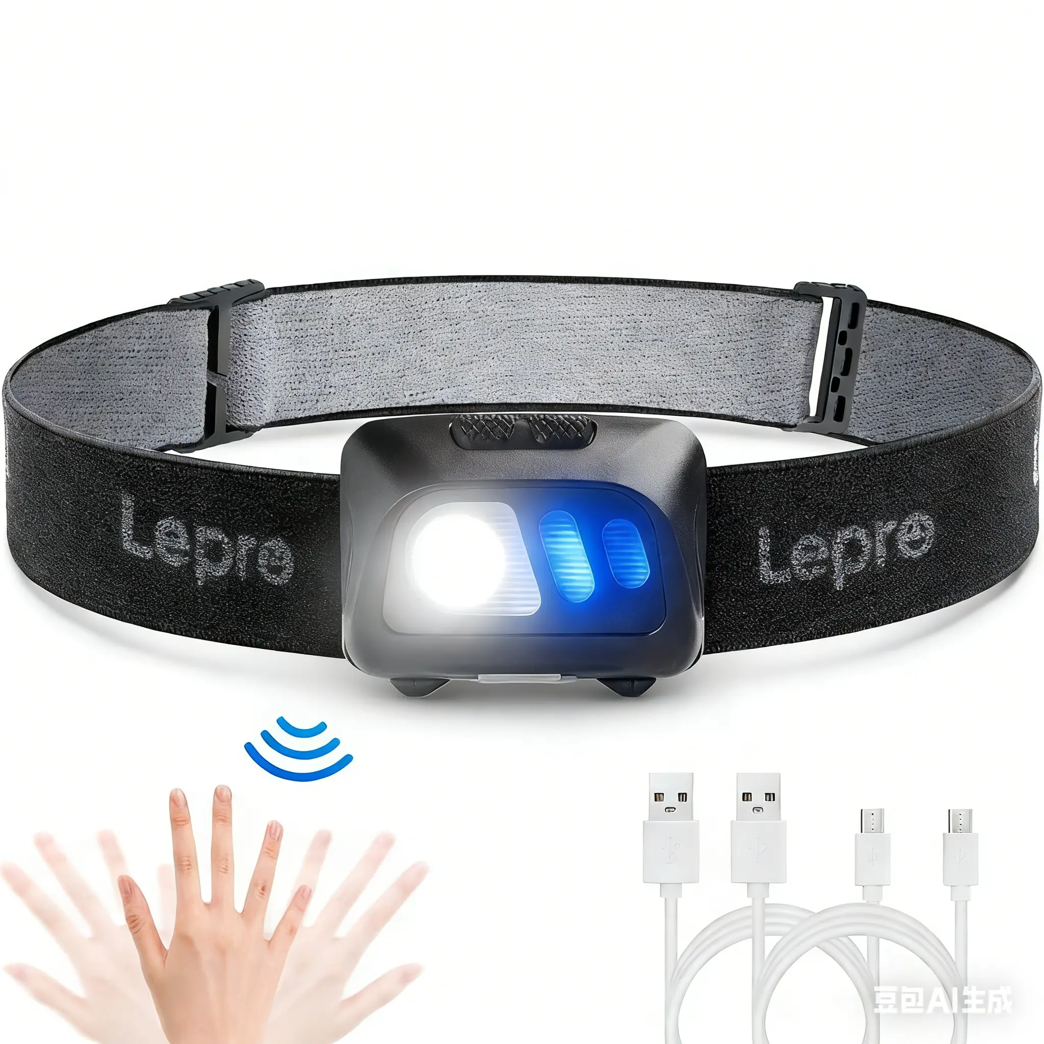 LEPRO Rechargeable LED Headlamp - USB Charging, Motion Sensor, 1500Lux Super Bright, Adjustable Brightness Portable Hands-Free LED Red Emergency Headlamp for Outdoor Camping, Adjustable Brightness Headlamps, Portable Headlamps