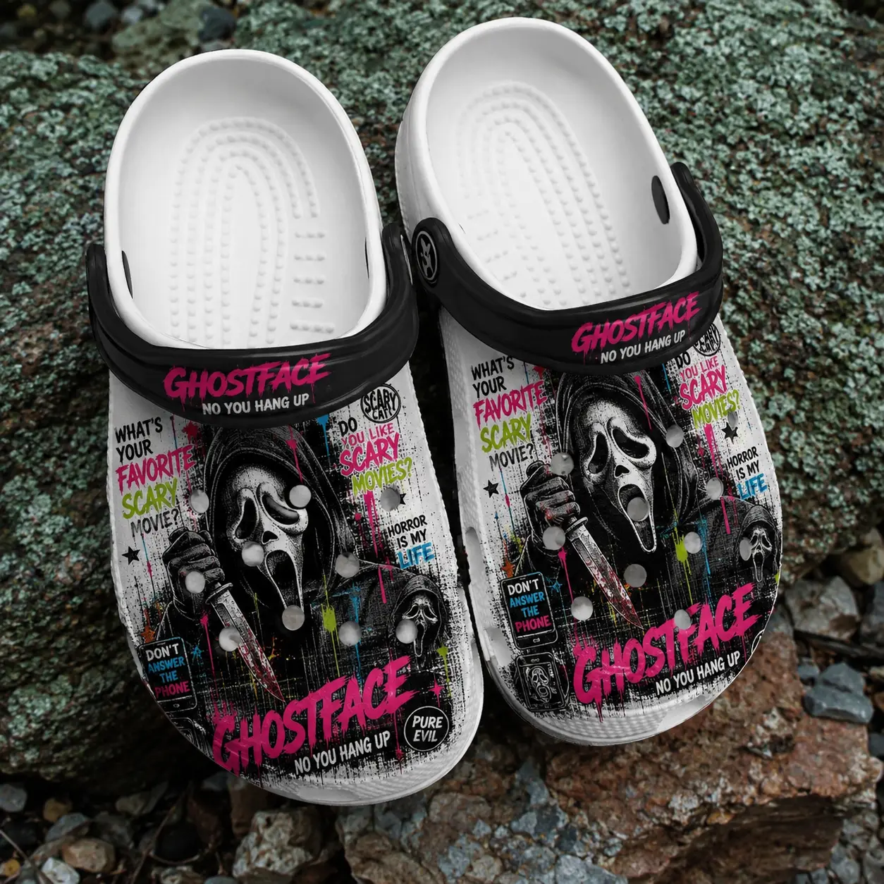 Graphic Clogs Shoes, Black White Printed Clog Shoes, Lightweight Casual Comfort Footwear, Unisex Everyday Shoes